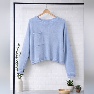 Urban Outfitters Chunky Knit Crop Light Blue Women Sweater Pocket Medium Cotton